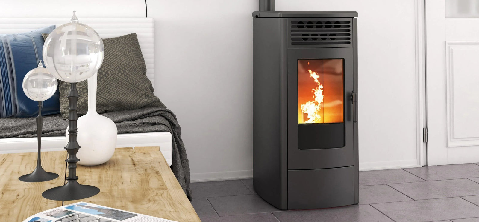 Nordic Fire Viktor 8 pelletkachel in moderne woonkamer met brandend vuur