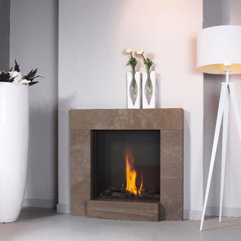 Schouw Virginia in moderne woonkamer met brandend vuur