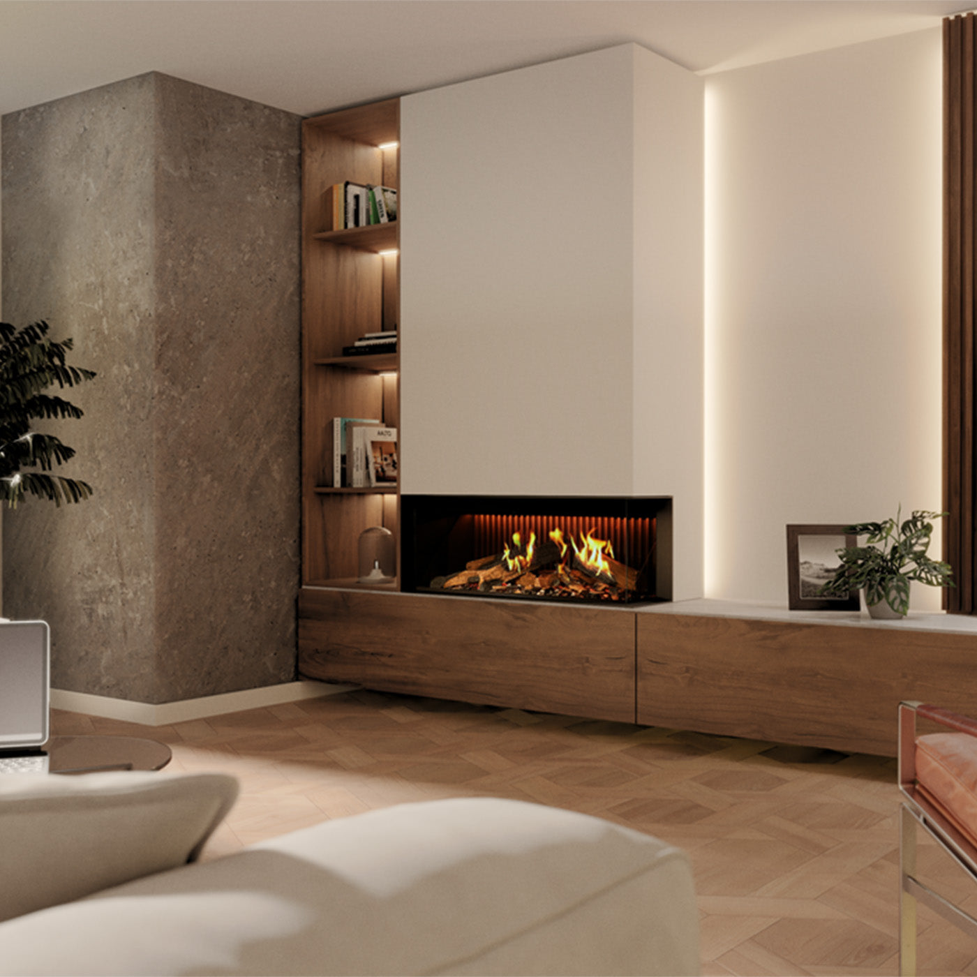 DRU Virtuo 100/2 Evolve ingebouwd in moderne woonkamer met vlammen