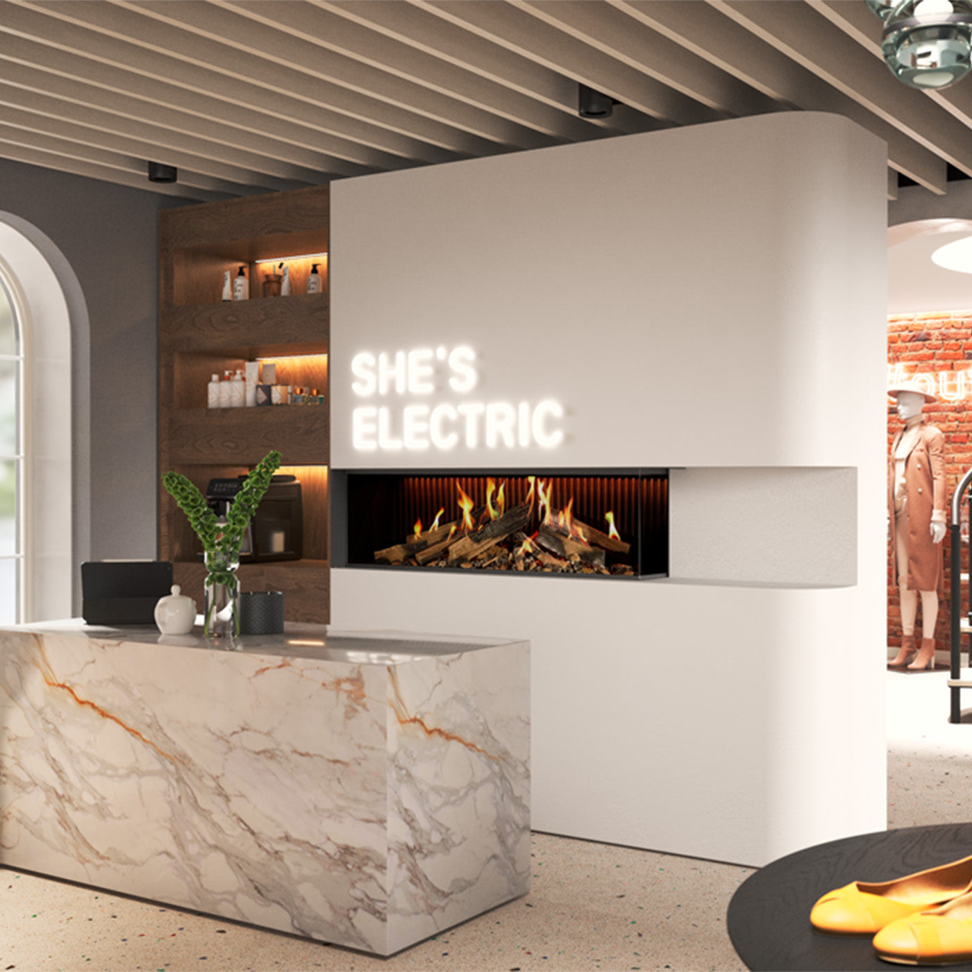 DRU Virtuo 130/2 Evolve ingebouwd in moderne showroom met vlammen