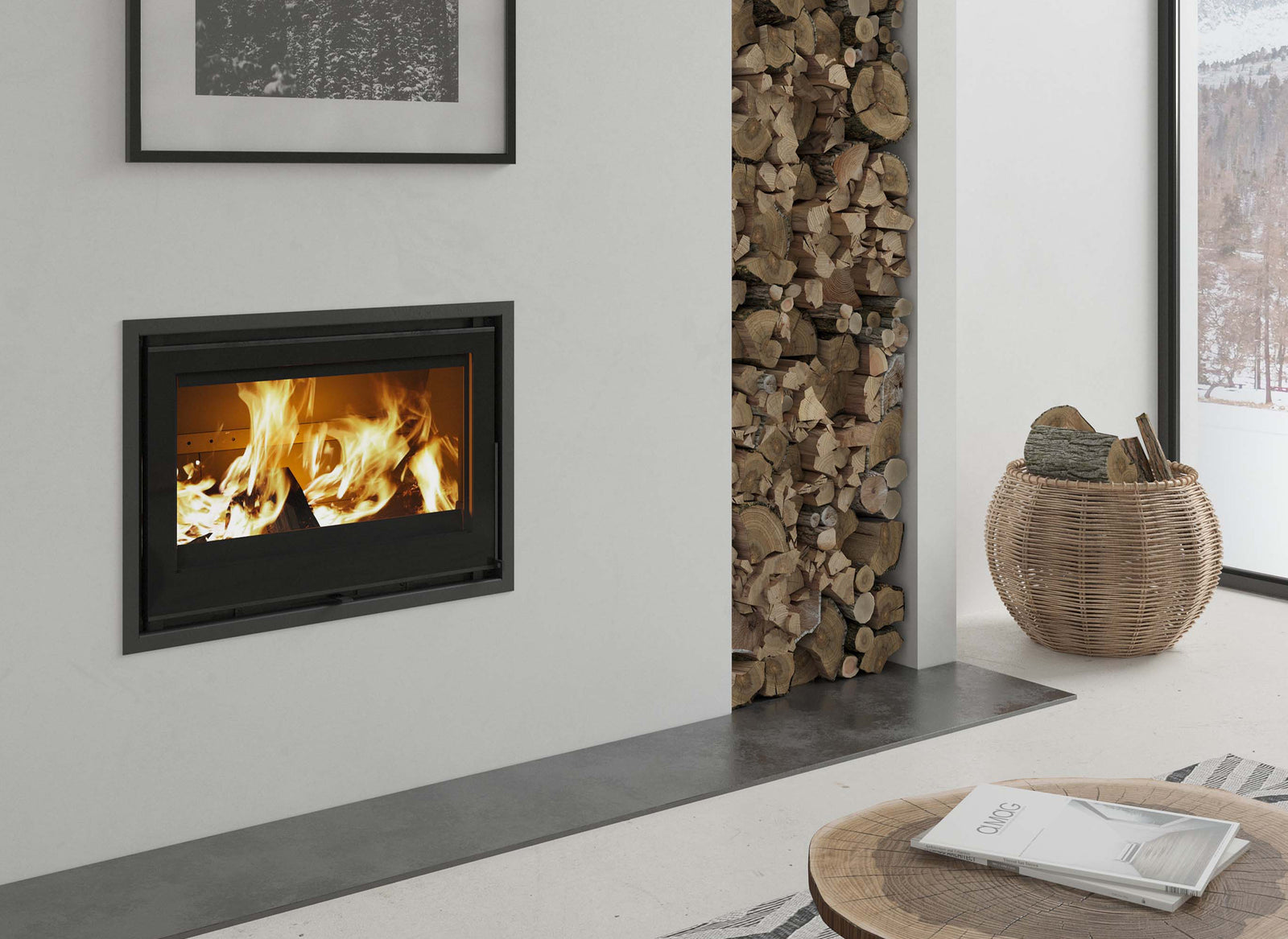 Dovre Vista 702i in moderne woonkamer met brandend vuur