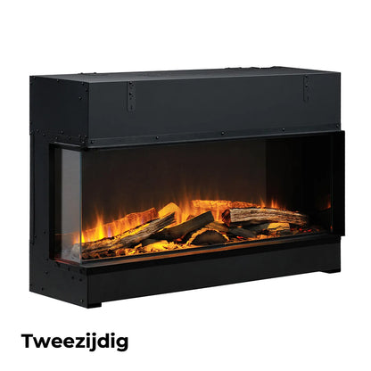 Dimplex Vivente Plus 100 elektrische haard met realistisch vlameffect en houtblokken, tweezijdig ontwerp.