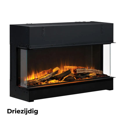 Dimplex Vivente Plus 100 elektrische haard met realistisch vlameffect en driezijdig glazen ontwerp.
