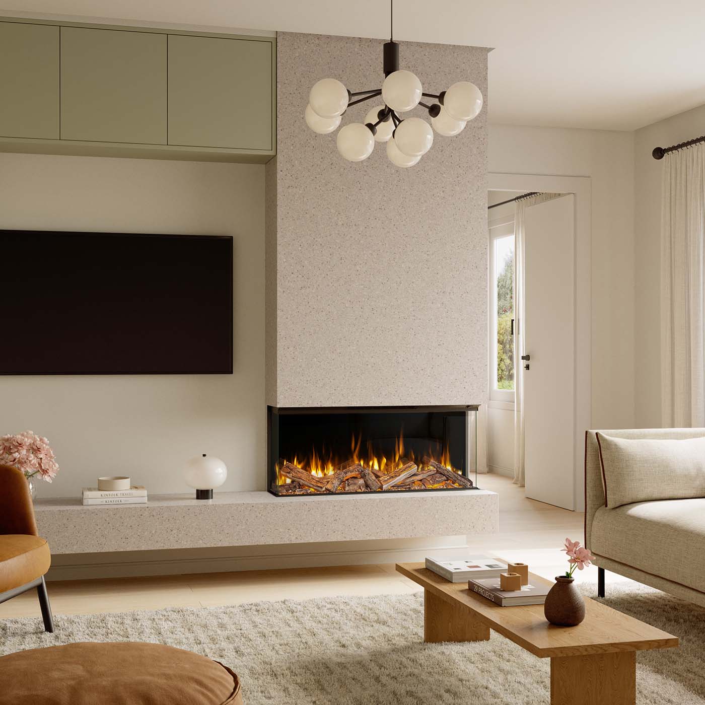 Element4 Volta 100 haard met vlammen in een modern ingerichte woonkamer