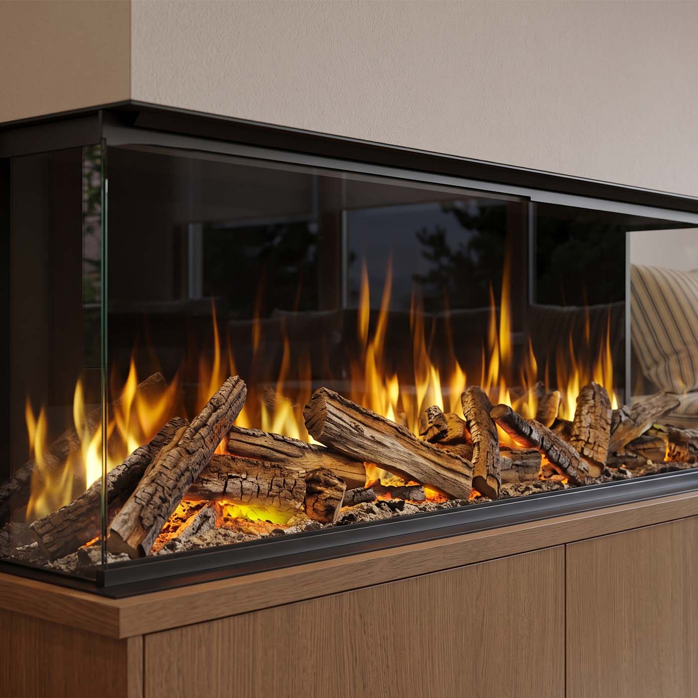 Element4 Volta 125 haard met vlammen en houtblokken, ingebouwd in een houten wandmeubel