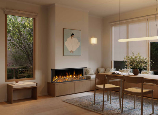 Element4 Volta 125 inbouwhaard met brandend vuur in een moderne woonkamer