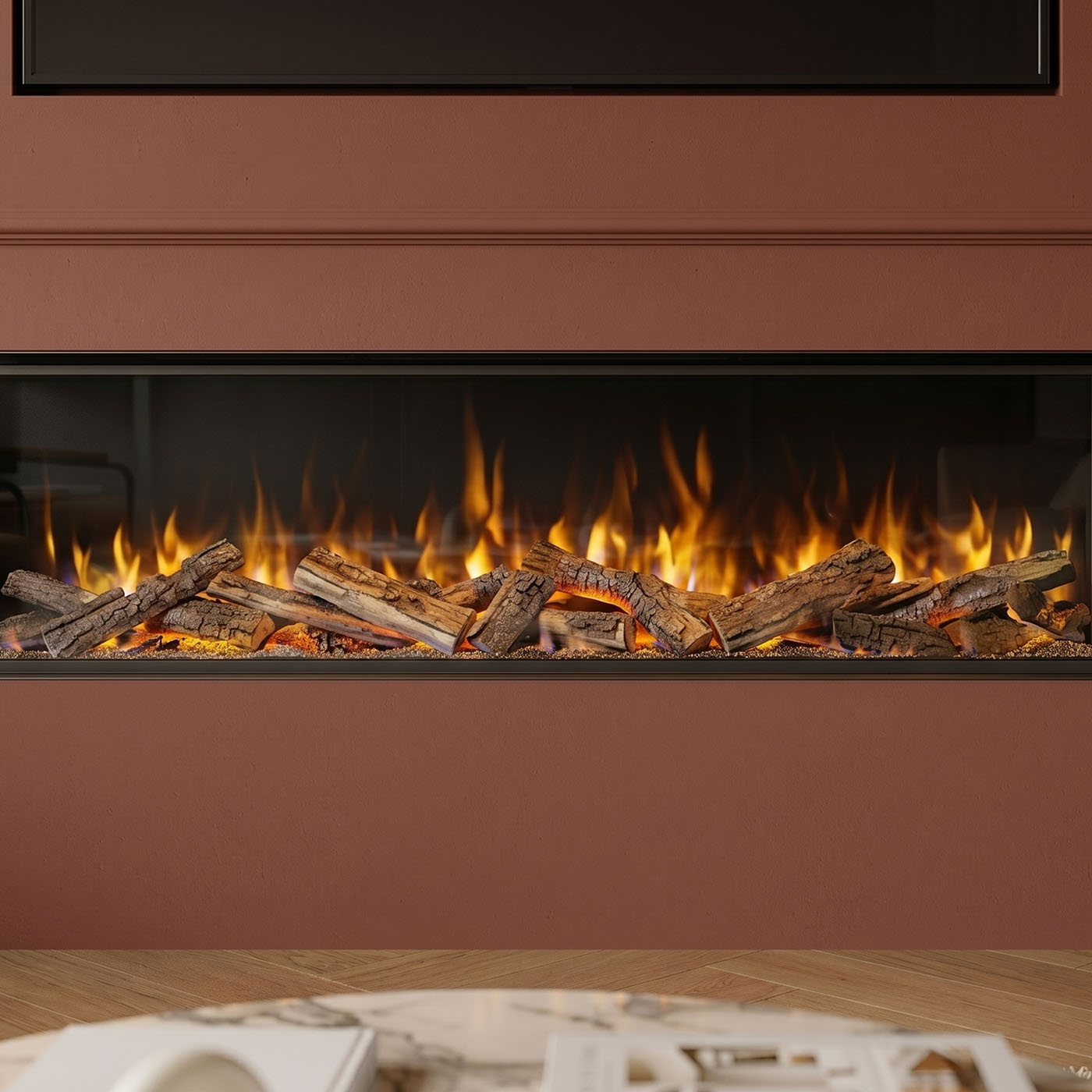 Element4 Volta 150 ingebouwde haard met realistische vlammen en houtblokken in een interieur