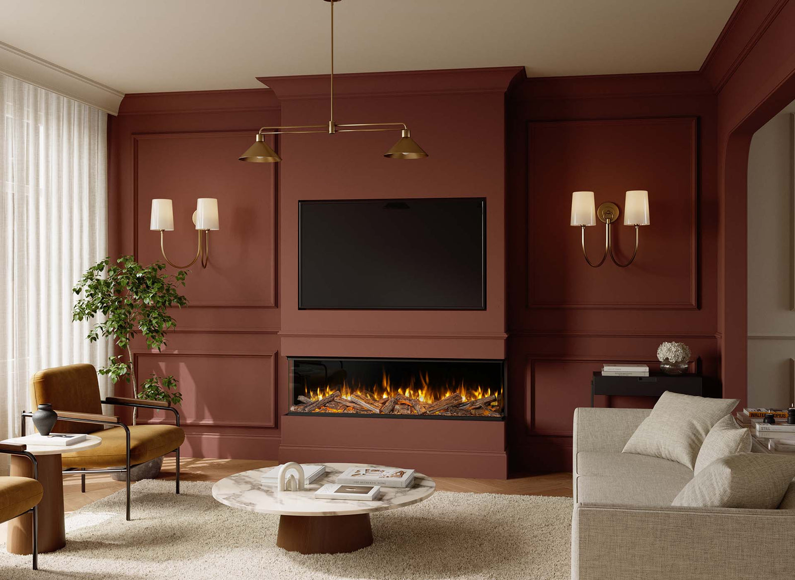 Element4 Volta 150 met brandend vuur in een stijlvolle woonkamer