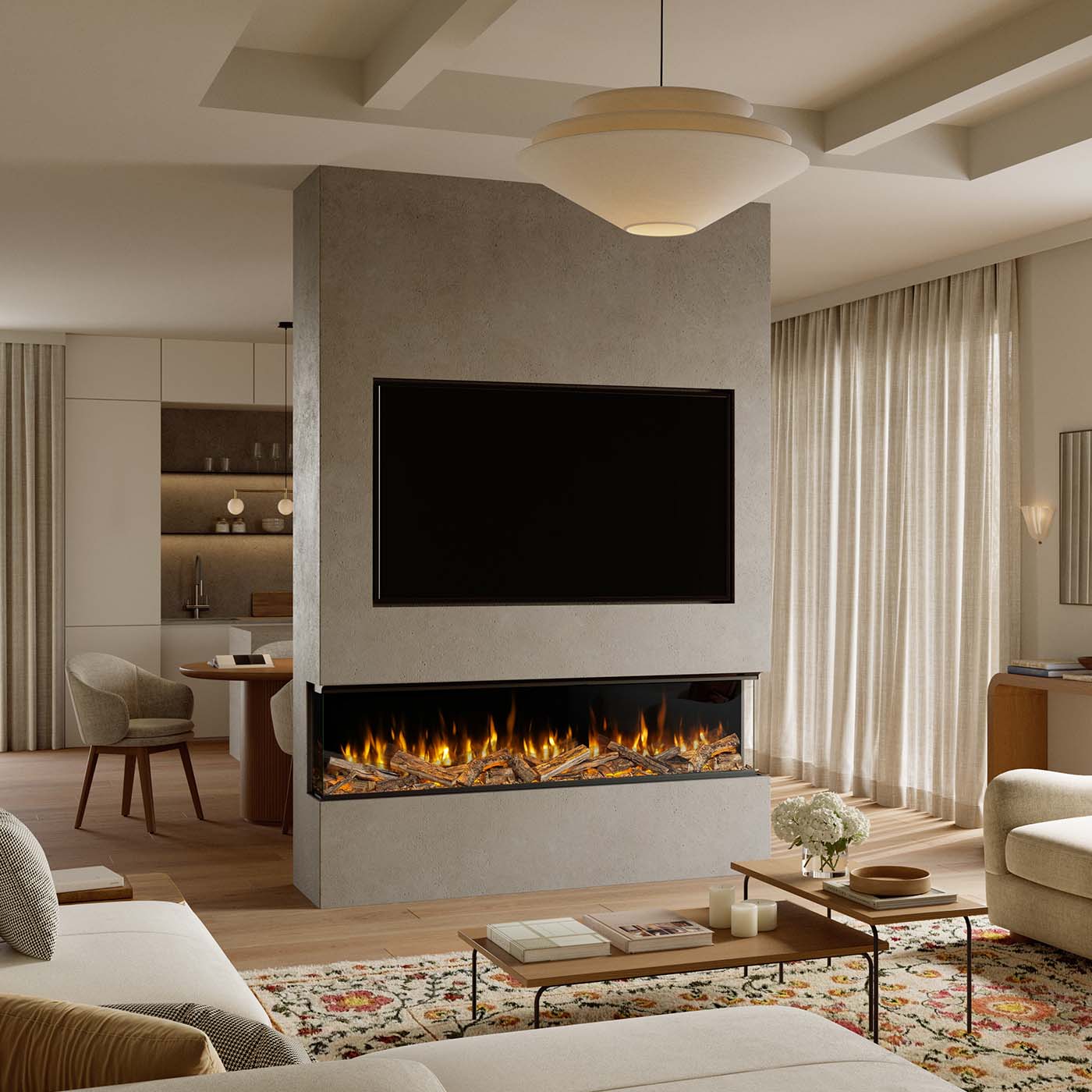Element4 Volta 180 brede inbouwhaard met vlammen in een moderne woonkamer