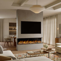 Element4 Volta 180 brede inbouwhaard met vlammen in een moderne woonkamer