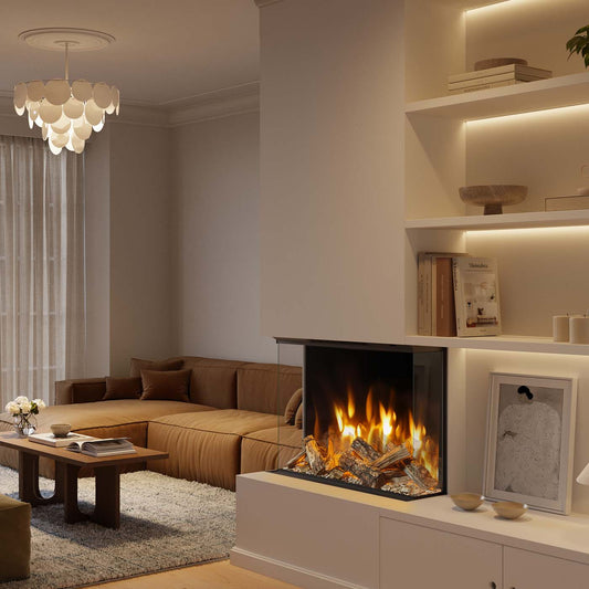 Element4 Volta 80H met brandend vuur in een sfeervolle woonkamer