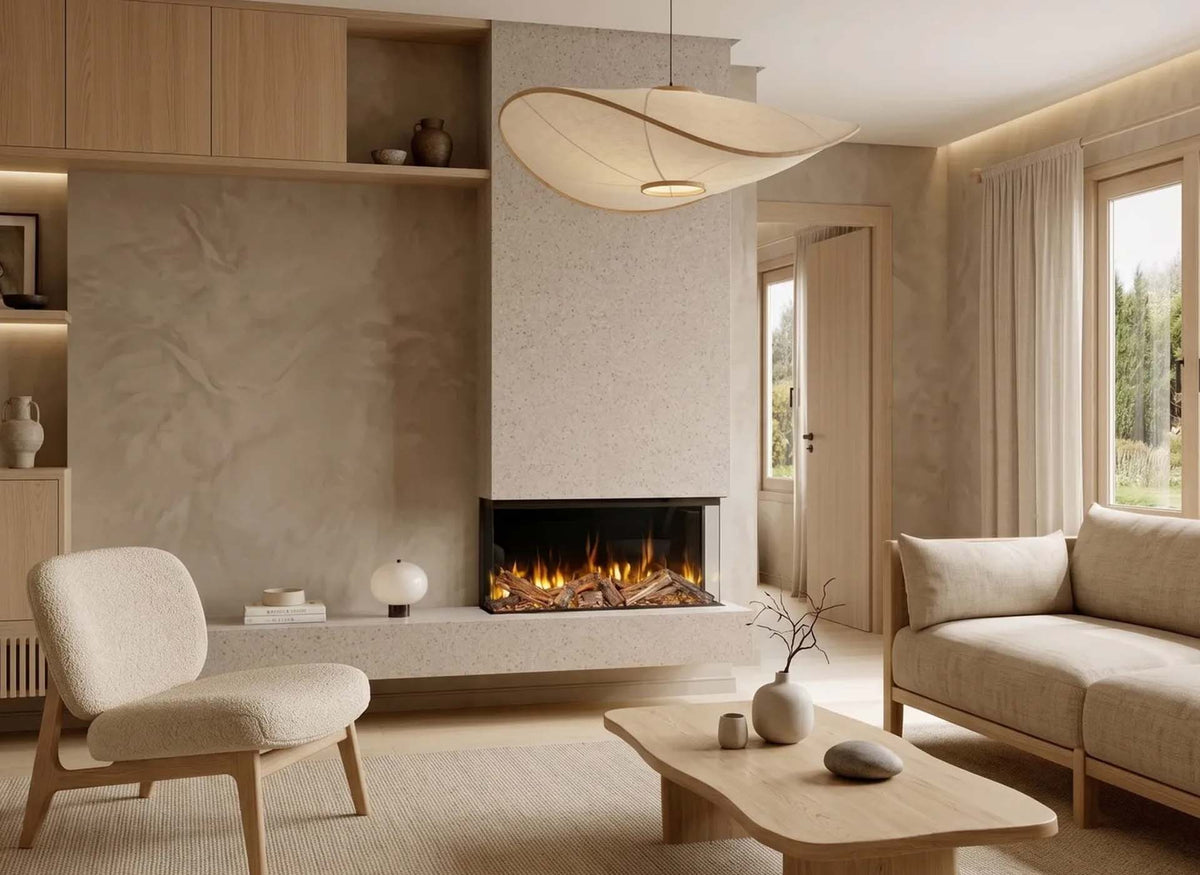 Element4 Volta 80 met brandend vuur in een modern ingerichte woonkamer