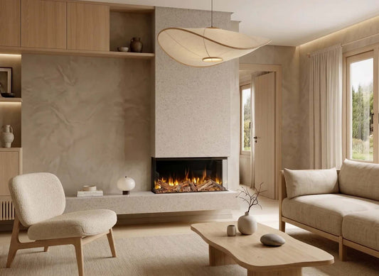Element4 Volta 80 met brandend vuur in een modern ingerichte woonkamer