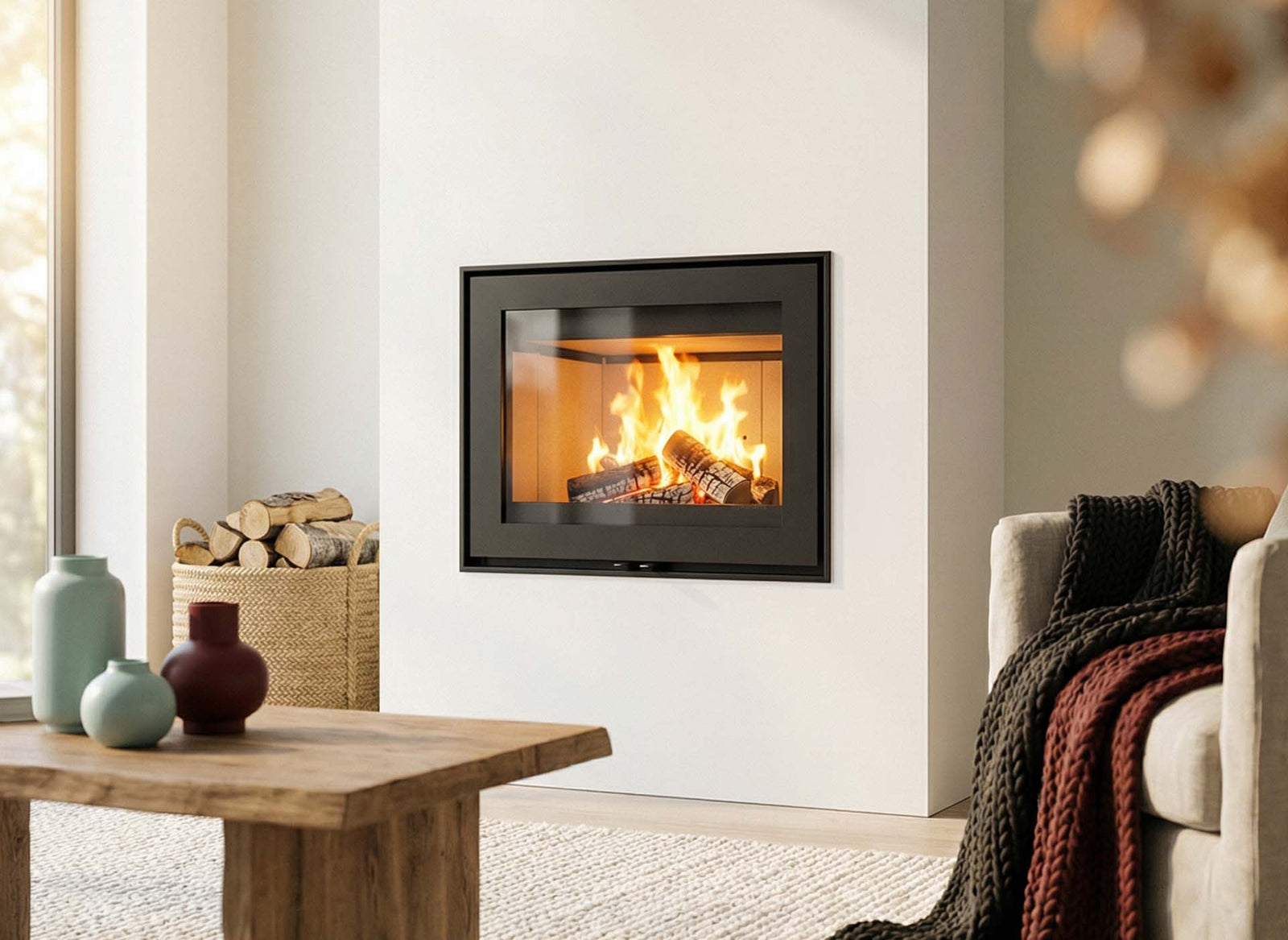 Wanders WAN-2060 Front inzet in moderne woonkamer met brandend houtvuur