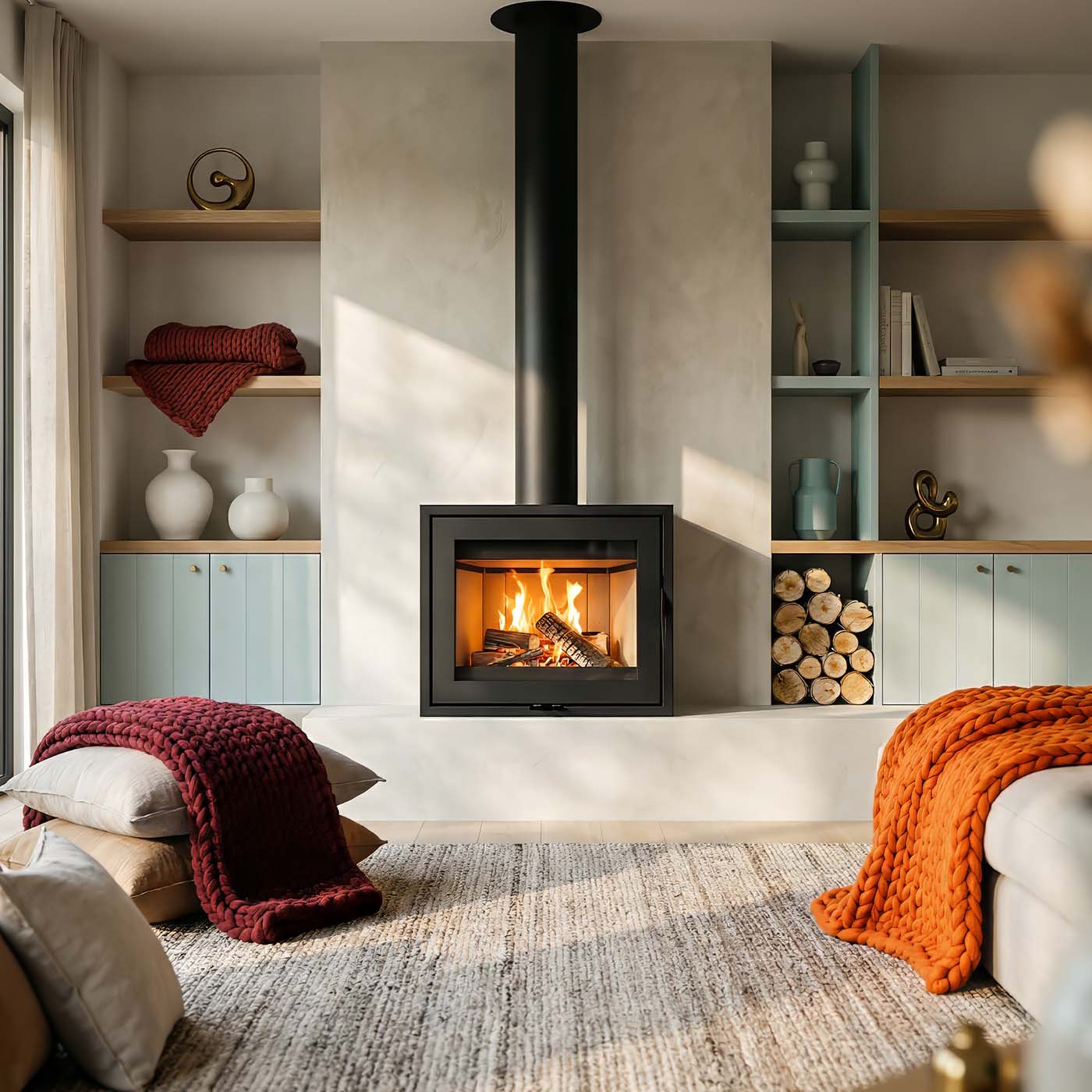 Wanders WAN-2060 Black Edition Low in moderne woonkamer met brandend vuur