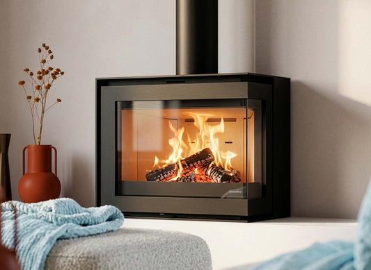 Wanders S60 hoek met brandend haardvuur in een sfeervolle woonkamer