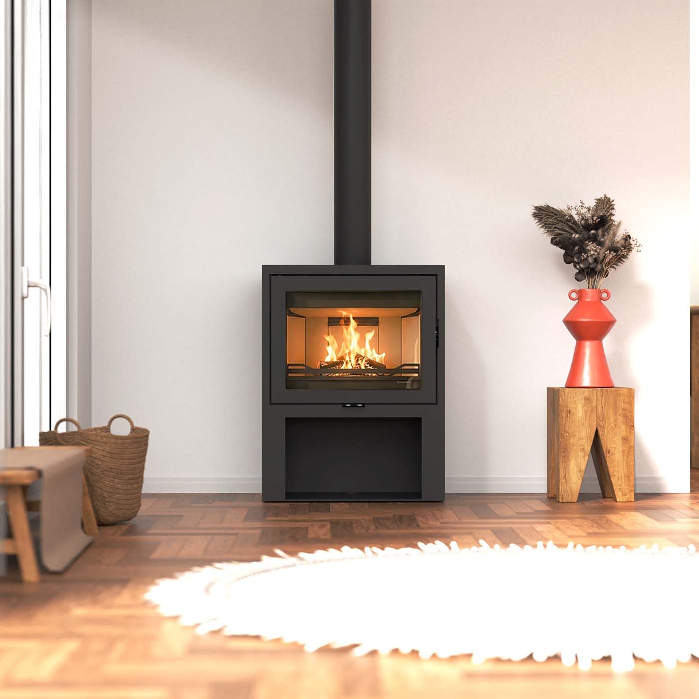 Wanders WAN-2068 Black Edition High kachel in moderne woonkamer met brandend vuur