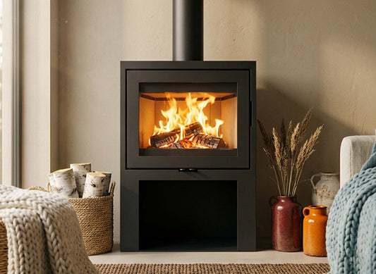 Wanders WAN-2060 Black Edition High houtkachel met brandend vuur in een sfeervolle woonkamer