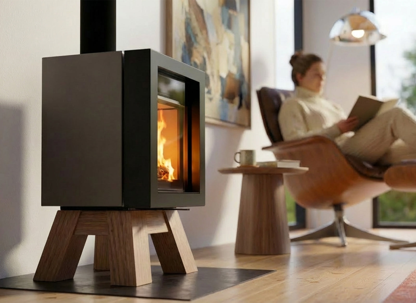Wanders Ash houtkachel in moderne woonkamer met brandend vuur