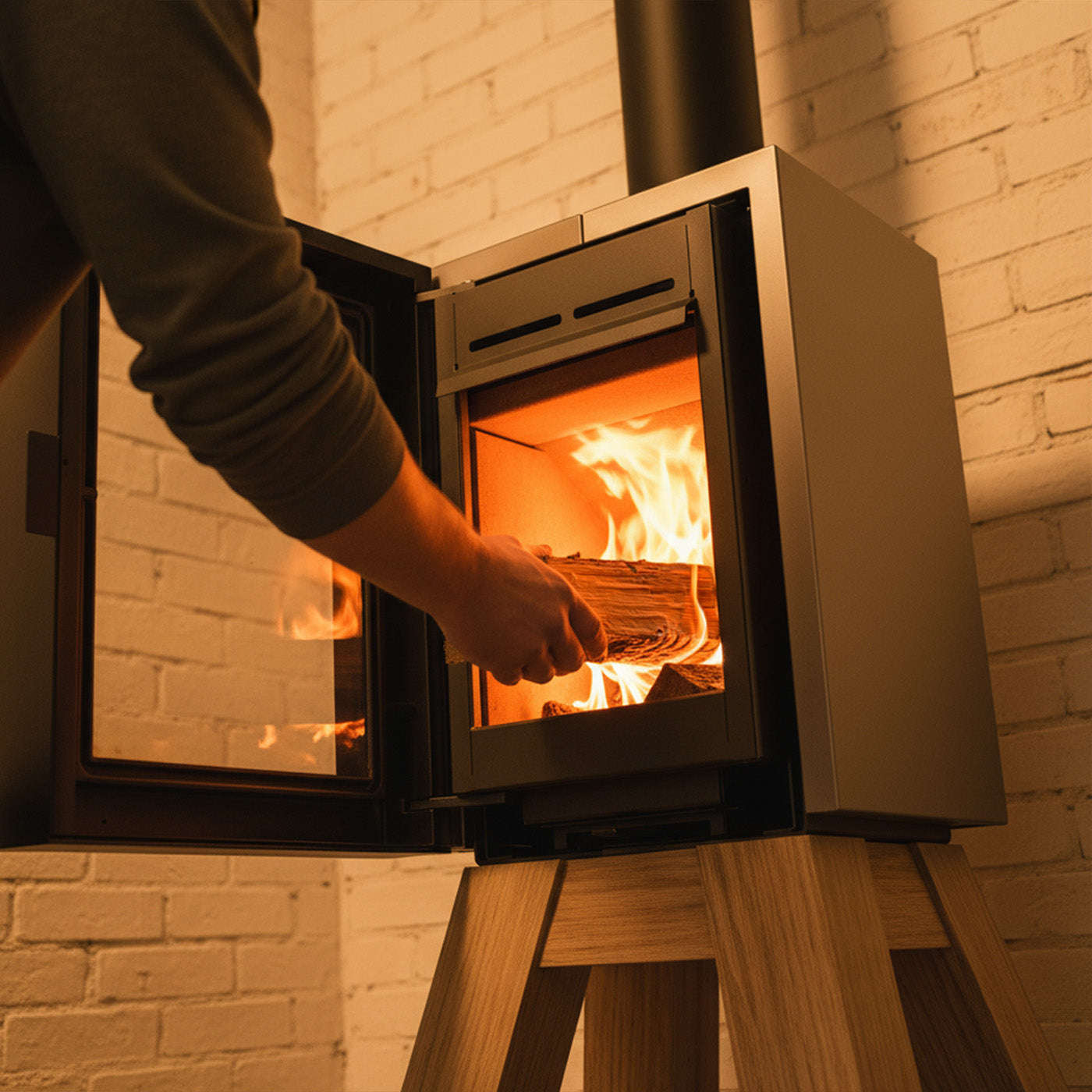 Wanders Ash houtkachel met open deur en brandend vuur in woonkamer