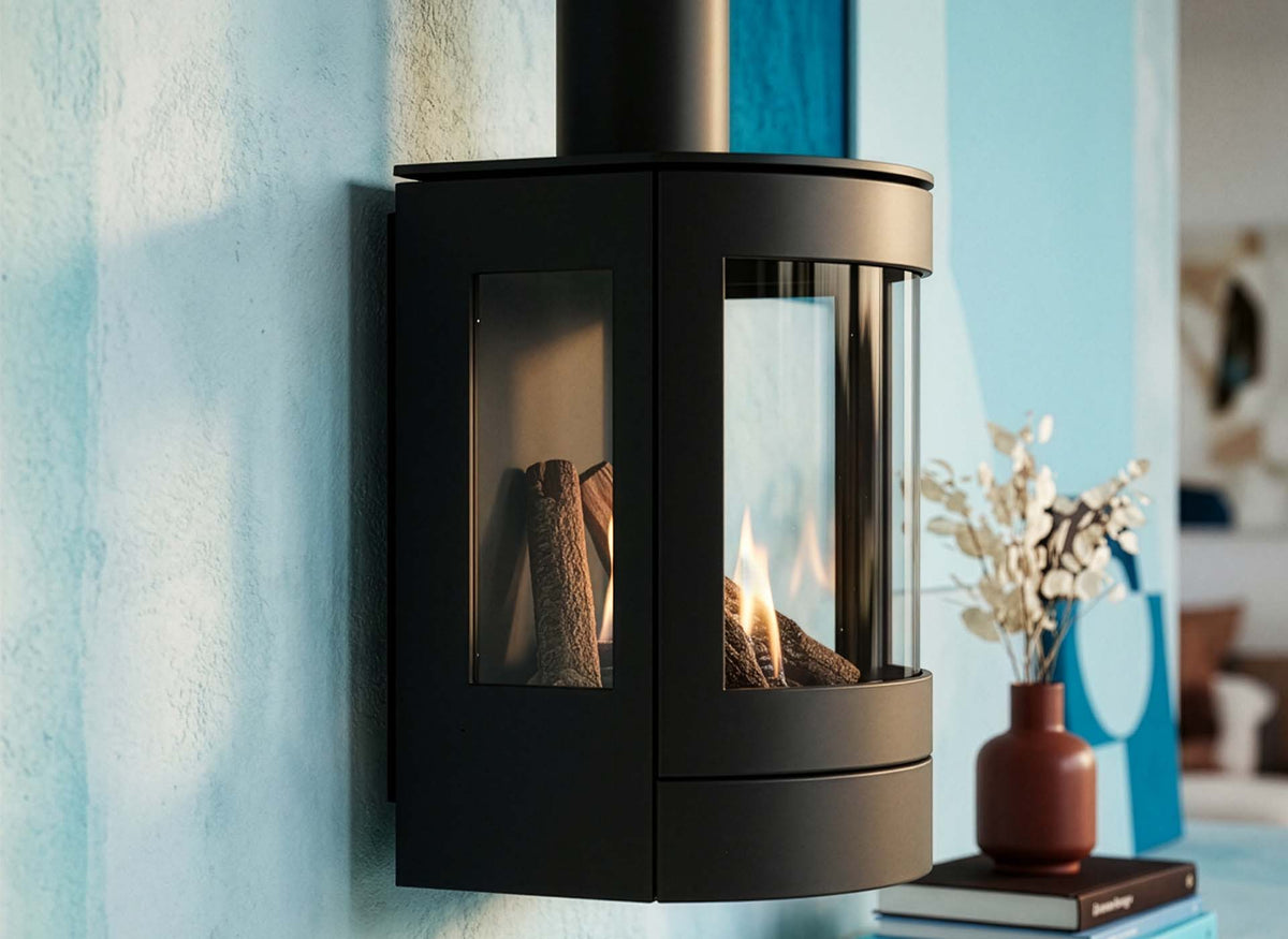 Wanders Balsa Wall wandhaard met brandend hout in een modern interieur