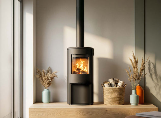 Wanders Kelio Box M houtkachel met brandend vuur in een sfeervolle woonkamer