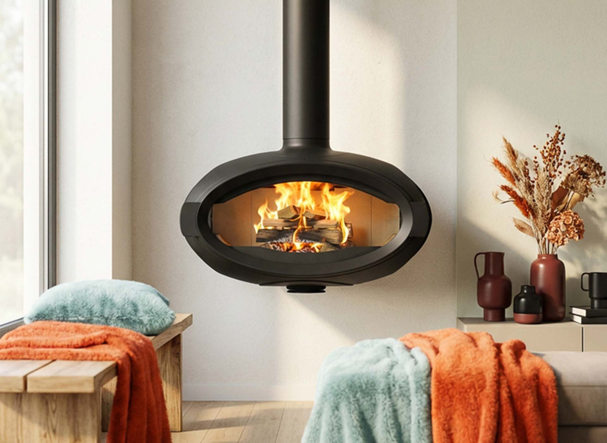 Wanders Mata hangende haard met brandend vuur in een sfeervolle woonkamer