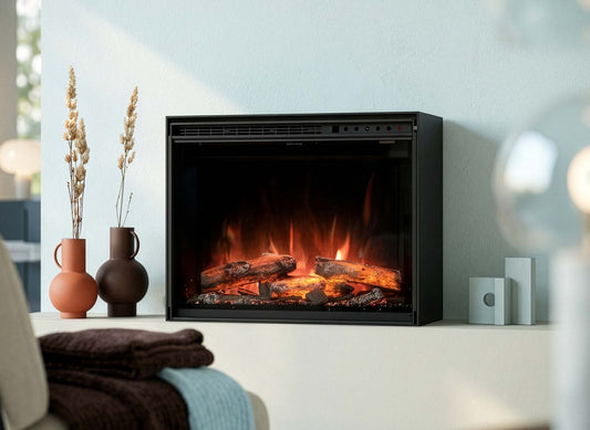 Wanders Redstone 24'' Black Edition Low elektrische haard met vlammen in een sfeervolle woonkamer