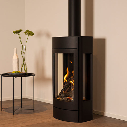 Wanders Tali 3-zijdig gaskachel met brandend vuur in een modern interieur
