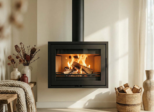 Wanders WAN-2068 Black Edition Low ingebouwde haard met brandende houtblokken in een sfeervolle woonkamer