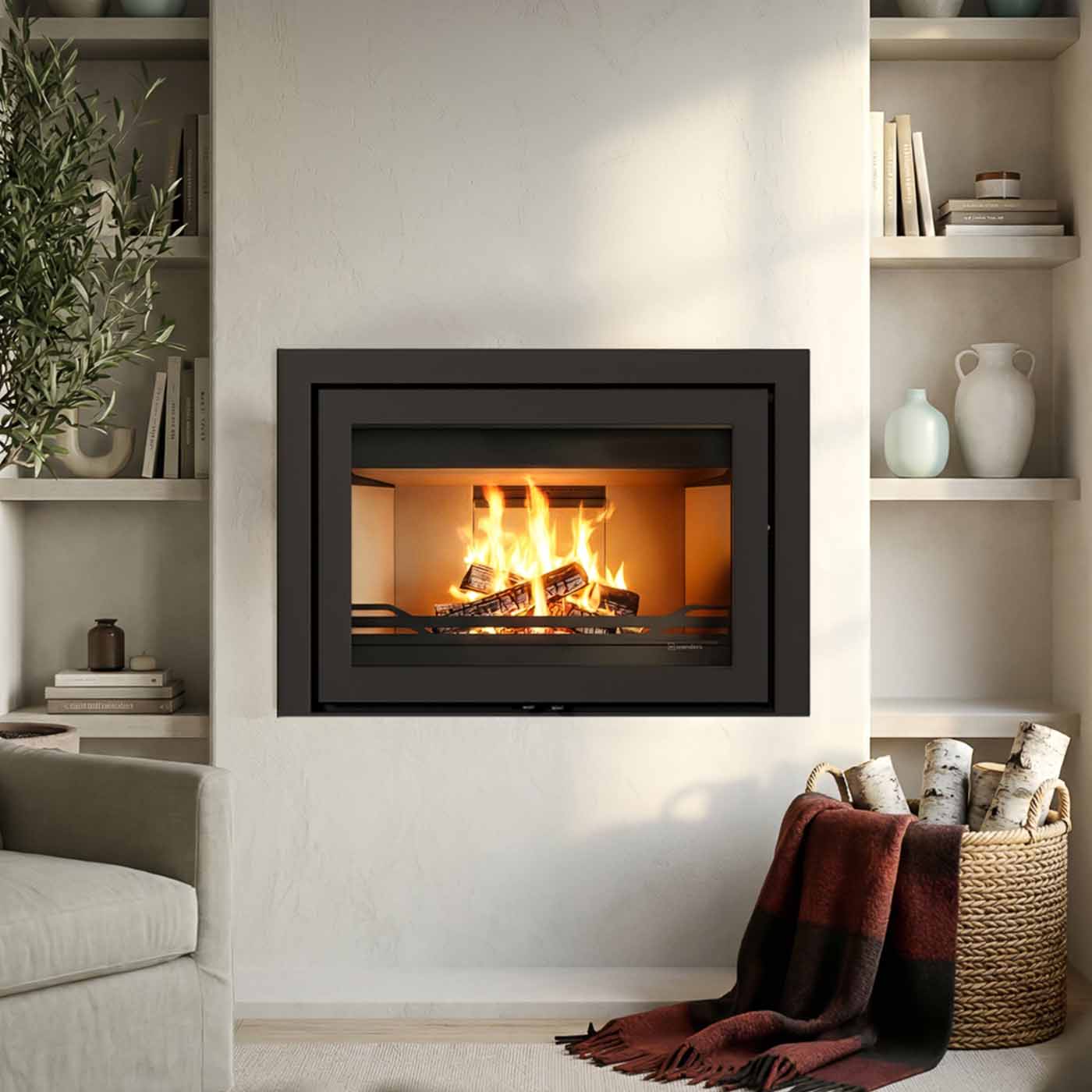 Wanders WAN-2075 Front inzet in witte woonkamerwand met brandend vuur