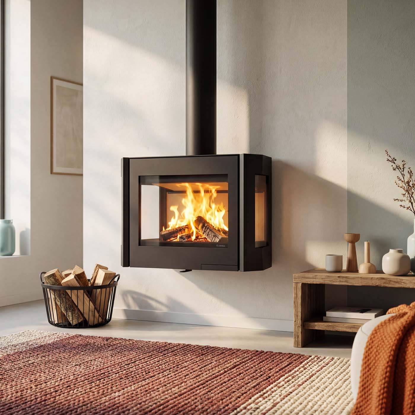 Wanders Black Sapphire wandhaard met brandend vuur in strakke woonkamer