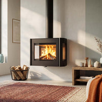 Wanders Black Sapphire wandhaard met brandend vuur in strakke woonkamer