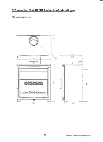 Technische tekening van Charlton & Jenrick Fireline Woodtec 5 KW-W breed 514 mm kachel.