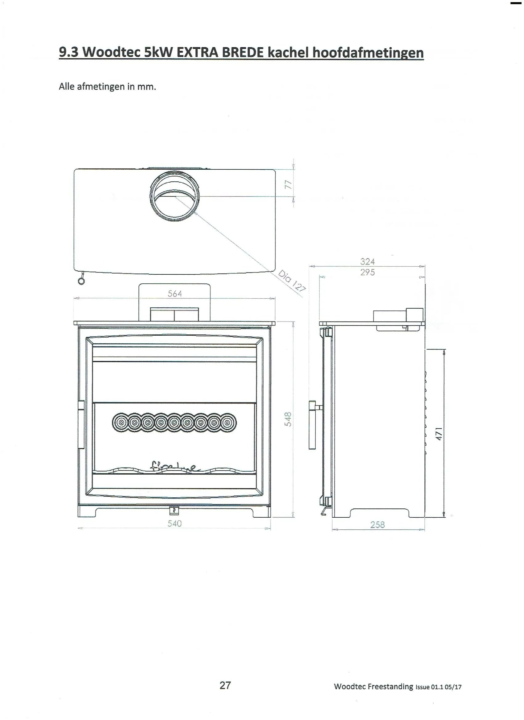 Charlton & Jenrick Fireline Woodtec 5 kW-XW extra breed 564 mm technische tekening met afmetingen.
