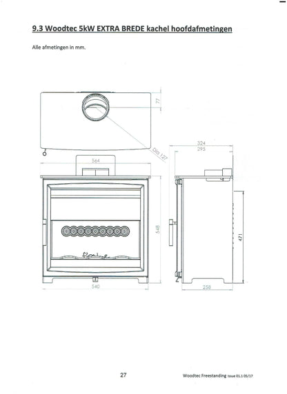 Charlton & Jenrick Fireline Woodtec 5 kW-XW extra breed 564 mm technische tekening met afmetingen.