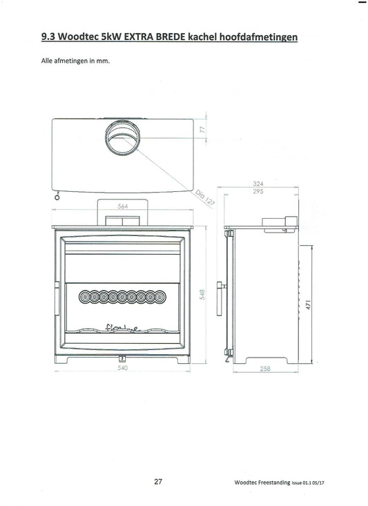 Charlton & Jenrick Fireline Woodtec 5 kW-XW extra breed 564 mm technische tekening met afmetingen.