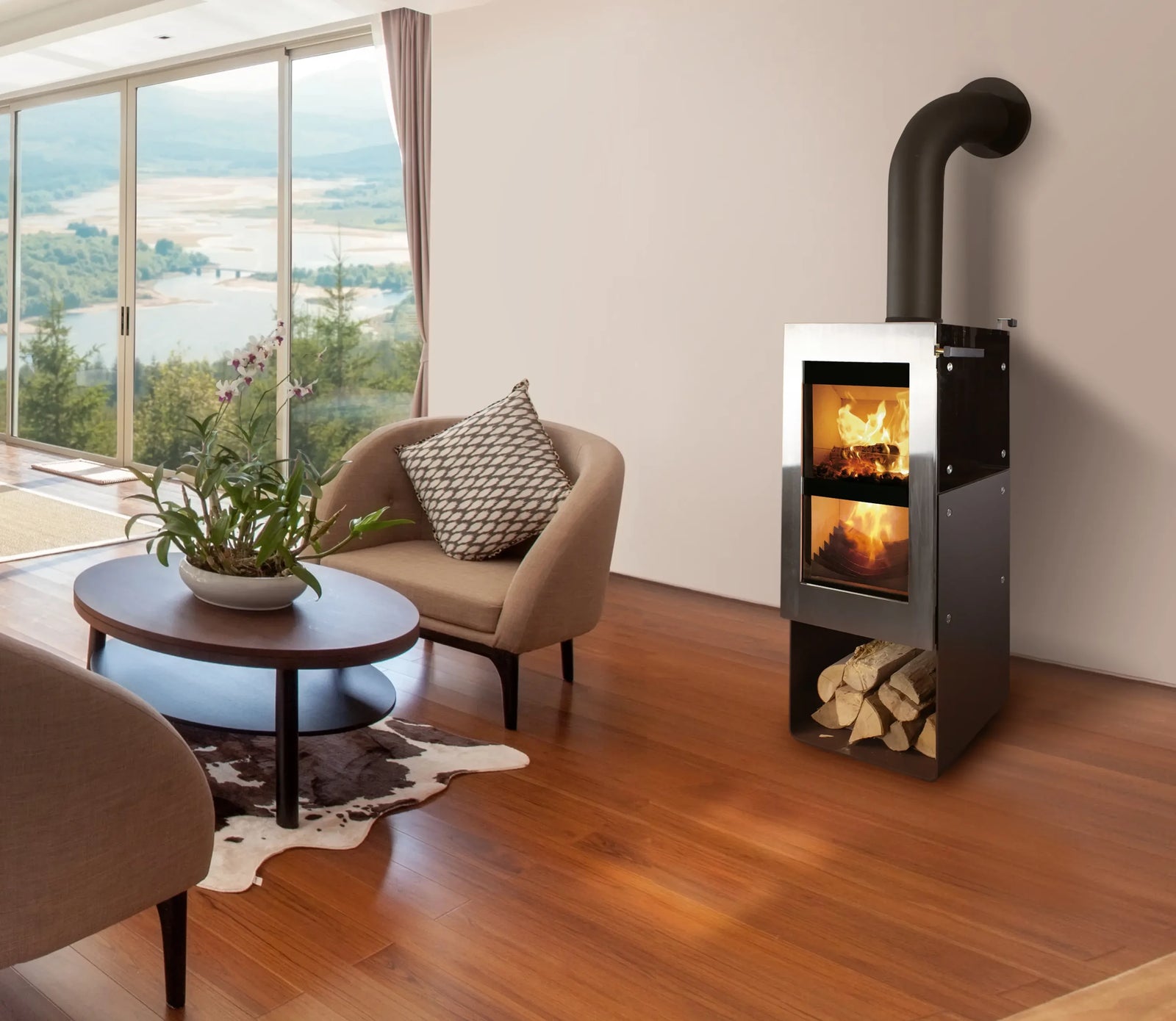 Xeoos Pur x8 kachel in moderne woonkamer met brandend vuur