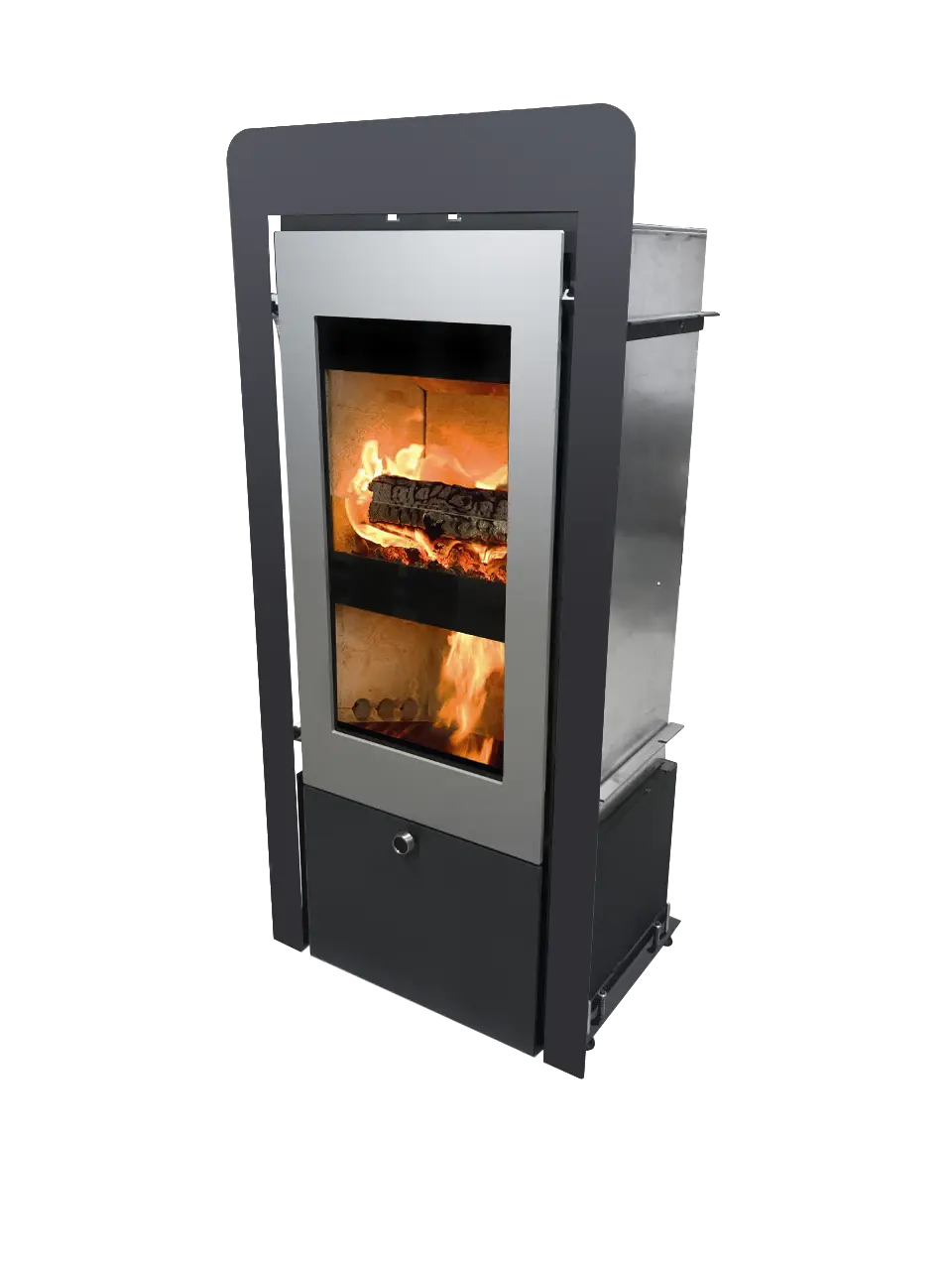 Xeoos Aqua x8 houtkachel met brandend vuur op witte achtergrond