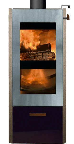 Xeoos Classic x8 houtkachel met brandend vuur achter glazen deur